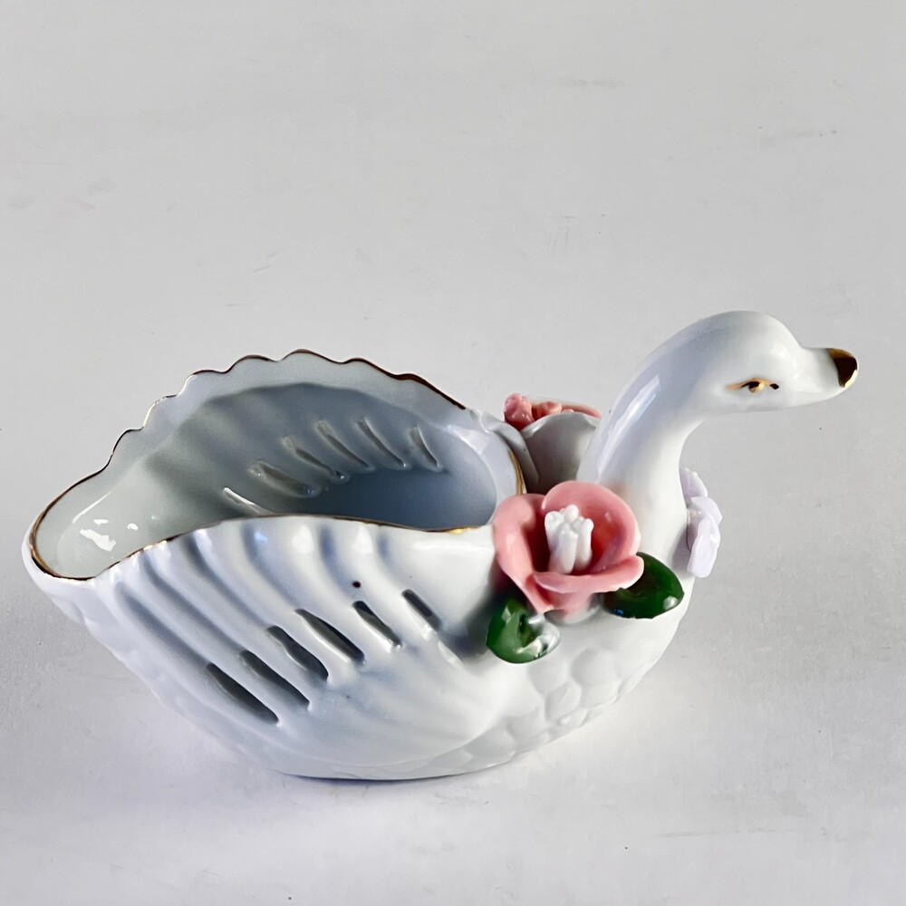 Porcelain Swan Catchall Bowl Applied Pink Roses Gold Accents Iridescent Dish